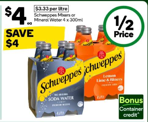 Schweppes Mixers or Mineral Water 4 x 300ml