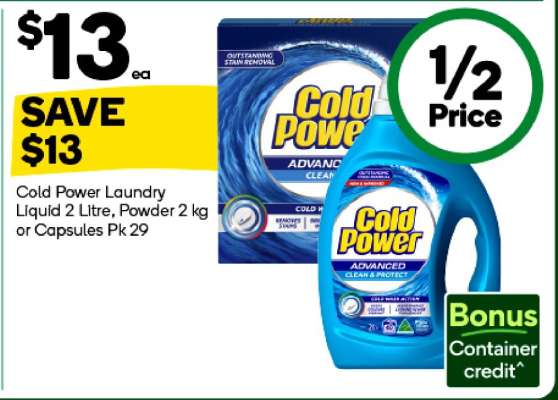 Cold Power Laundry Liquid 2 Litre, Powder 2 kg, or Capsules Pk 29