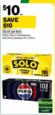 Pepsi, Solo or Schweppes Soft Drink Varieties 10 x 375ml