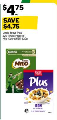 Uncle Tobys Plus 620-705g or Nestlé Milo Cereal 535-620g