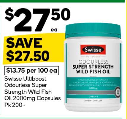 Swisse Ultiboost Odourless Super Strength Wild Fish Oil 2000mg Capsules Pk 200~