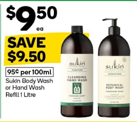 Sukin Body Wash or Hand Wash Refill 1 Litre