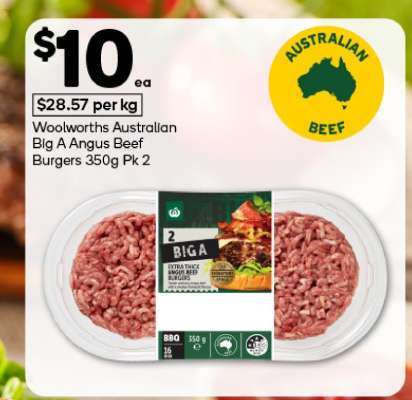 Woolworths Australian Big A Angus Beef Burgers 350g Pk 2