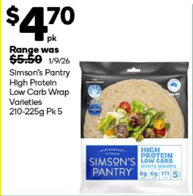 Simson’s Pantry High Protein Low Carb Wrap Varieties 210-225g Pk 5