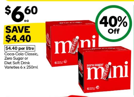 Coca-Cola Classic, Zero Sugar or Diet Soft Drink Varieties 6 x 250ml
