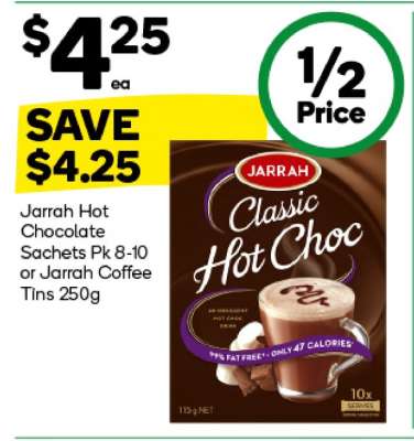 Jarrah Hot Chocolate Sachets Pk 8-10 or Jarrah Coffee Tins 250g