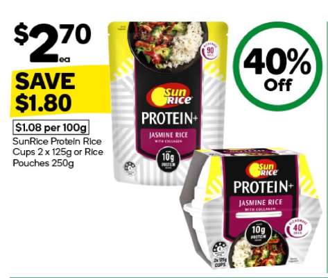 SunRice Protein Rice Cups 2 x 125g or Rice Pouches 250g