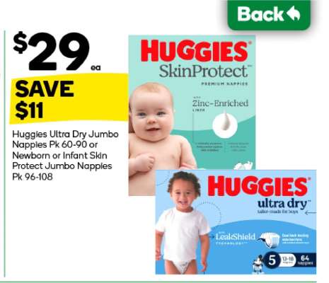 Huggies Ultra Dry Jumbo Nappies Pk 60-90 or Newborn or Infant Skin Protect Jumbo Nappies Pk 96-108