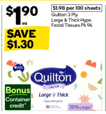 Quilton 3 Ply Large & Thick Hypo Facial Tissues Pk 96